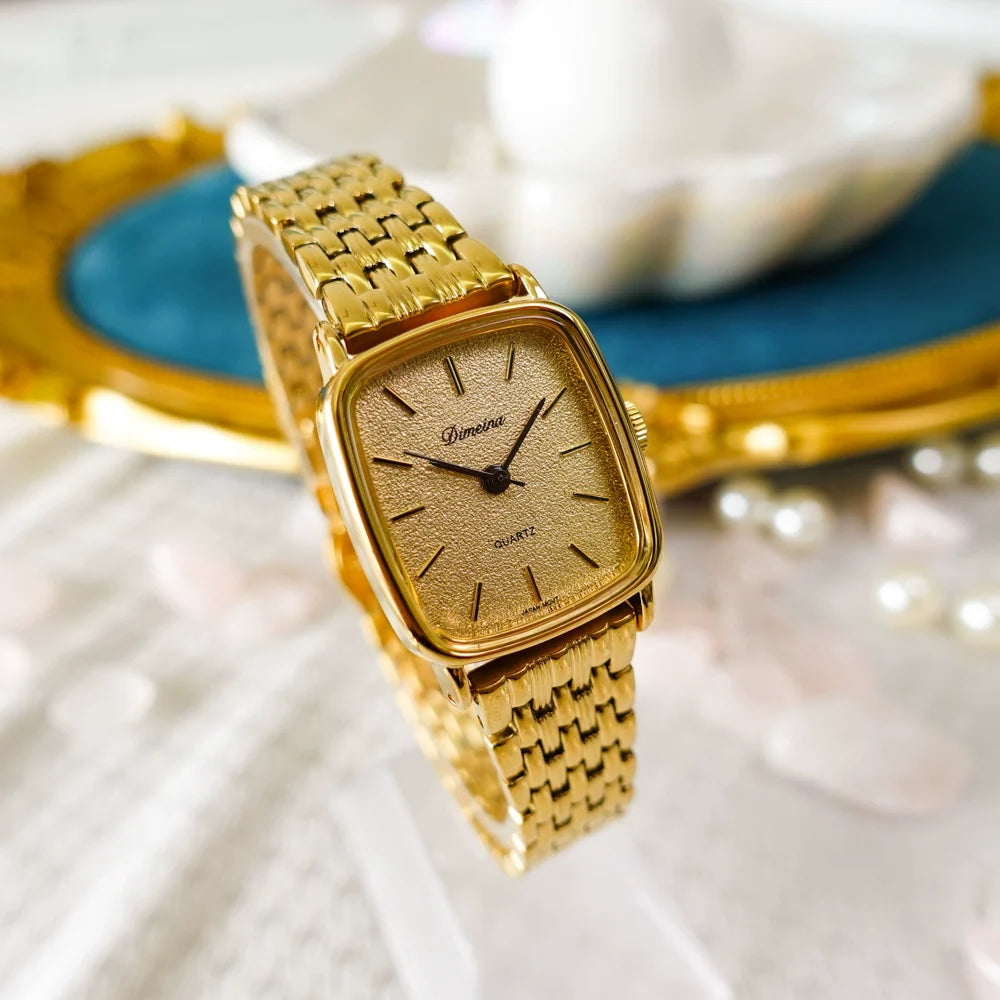 Karsen Vintage Square Watch - Gold Steel Band (Includes Brown Leather Strap)