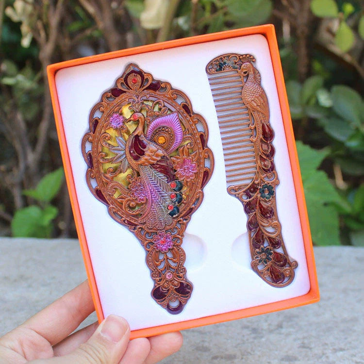 Hillary Vintage Mirror Set - Antique Bronze Peacock - Yellow Box