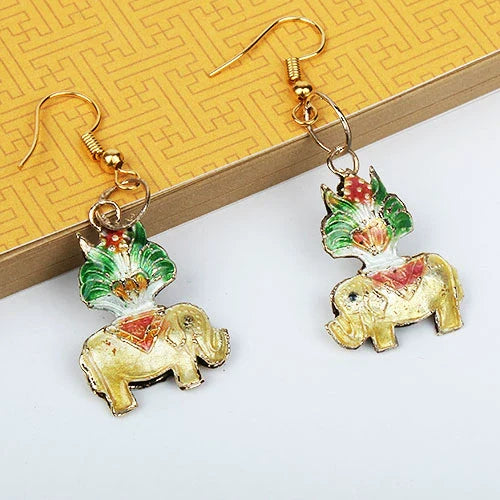 Adia Vintage Enamel Drop Earrings - Yellow Small Elephant