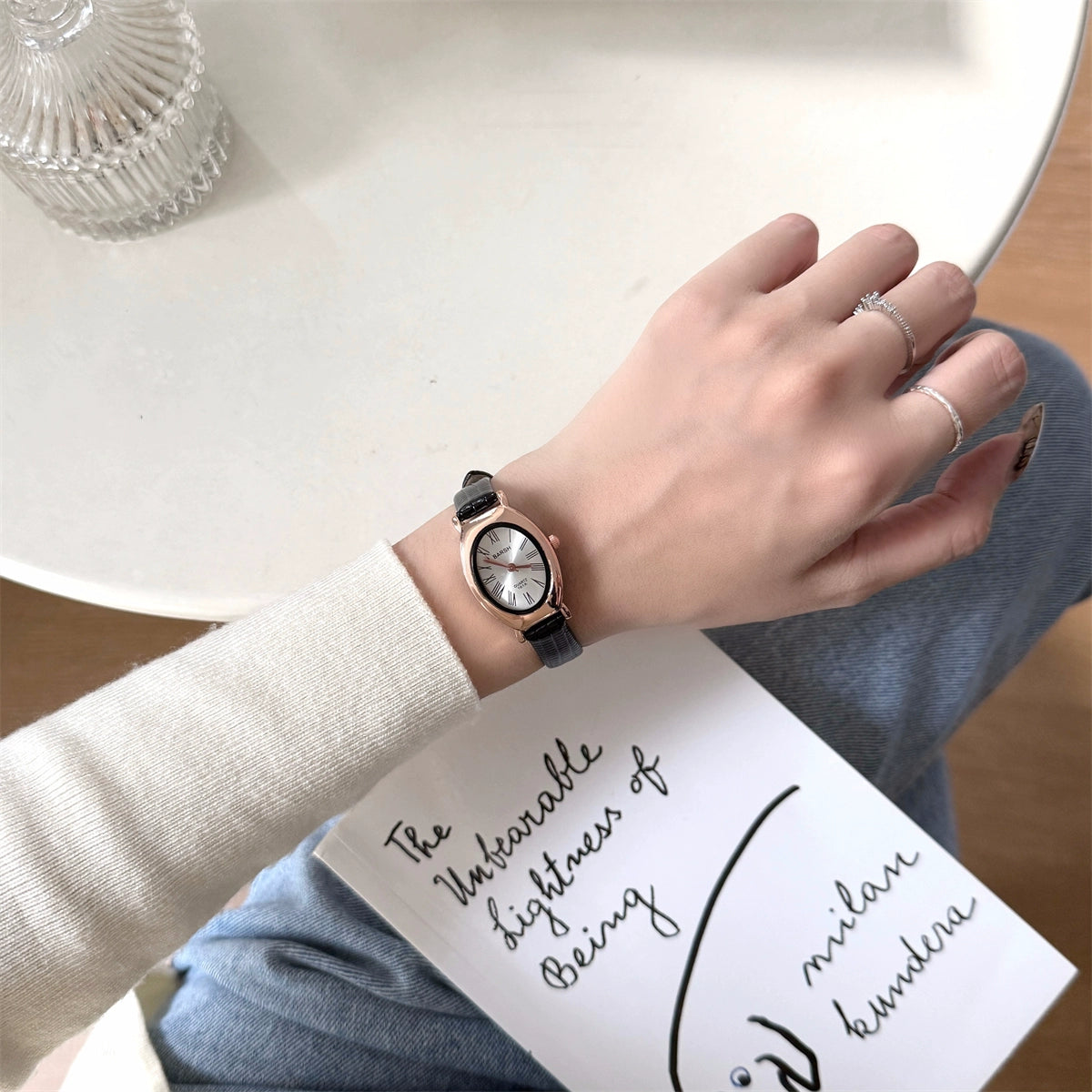 Cataleyah Vintage Oval Watch - Black Strap, Rose Gold Frame, White Dial [MR5YOSMH]