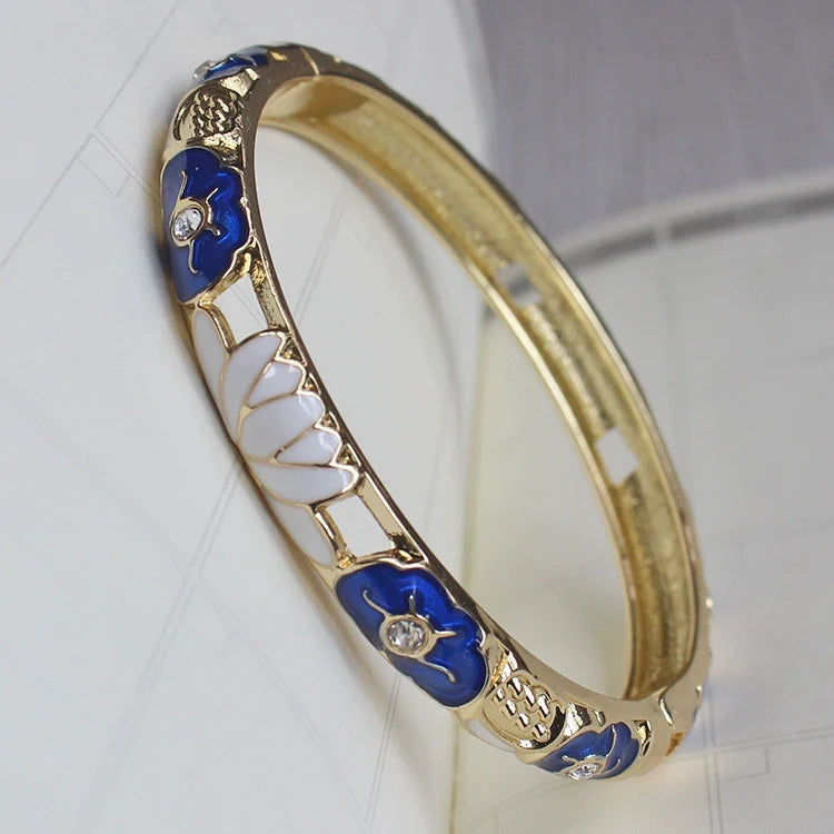 Sunshine Lotus Enamel Bracelet - Dark Blue Flower White Lotus