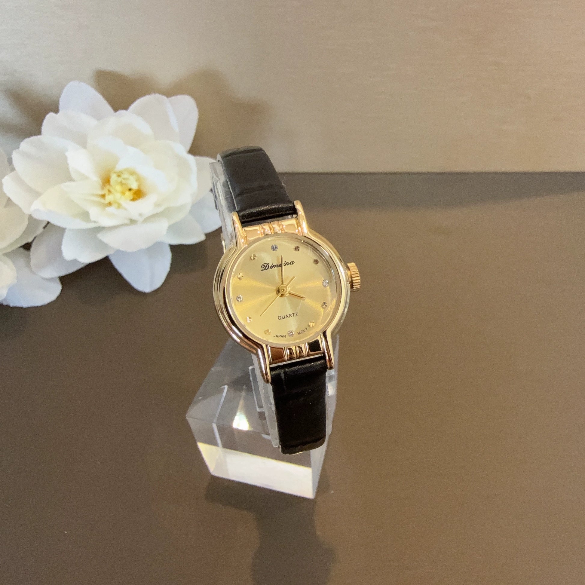 Magdalena Retro Round Watch - Gold Black Leather Strap [JCNX67U4]