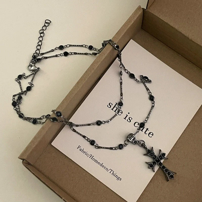 Therese Edgy Cross Layered Necklace - Dark Cross Necklace