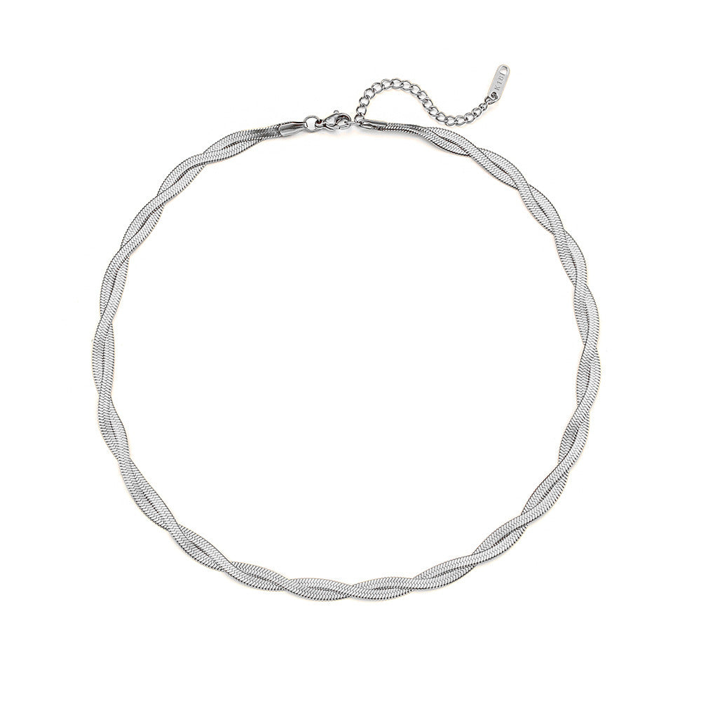 Verena Braided Fishbone Necklace - Double Layer Necklace - Silver [NUP329CW]