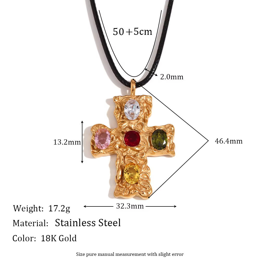Atlas Hammered Cross Cord Necklace - Gold Hammered Cross with Multi-Color Stones [JSW5YMBB]