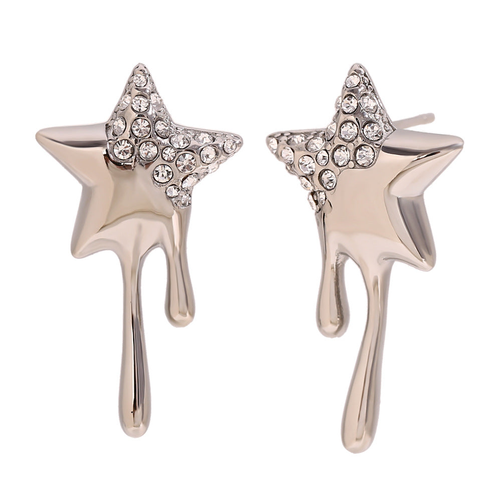Miliani Irregular Geometric Earrings - Studded Five-Point Star Tassel Stud Earrings - Steel - White Diamond [V883A96G]