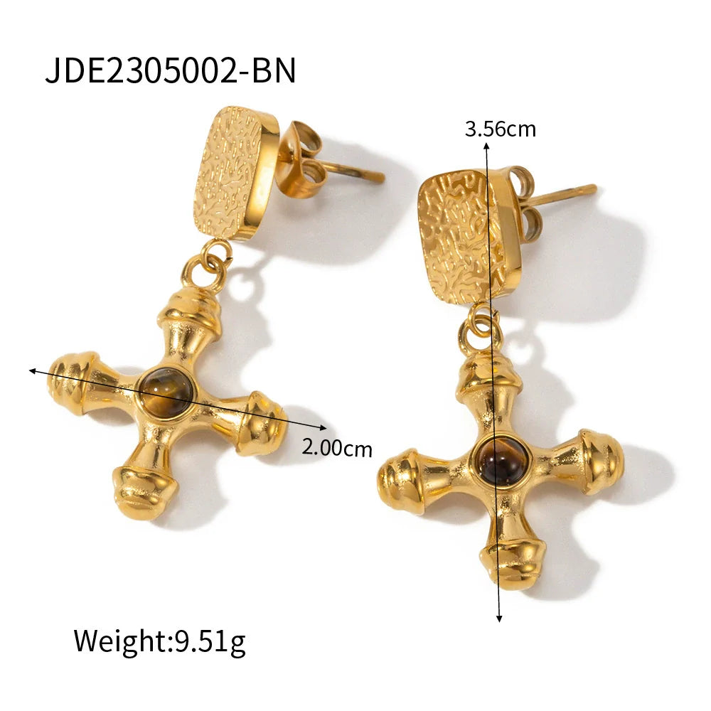 Jezebel Tiger Eye Cross Earrings - Brown