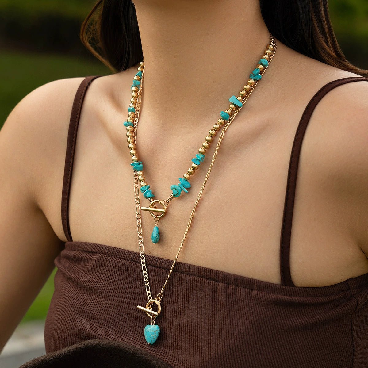 Abi Layered Turquoise Heart Necklace - Gold 2-Piece Set [WF5S67MU]