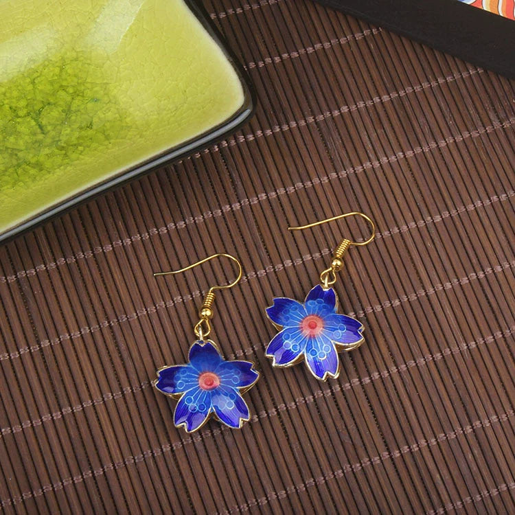 Adia Vintage Enamel Drop Earrings - Blue Petal