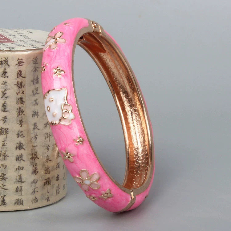Capri Enamel Kitty Bangle - Large Pink (5.1cm)