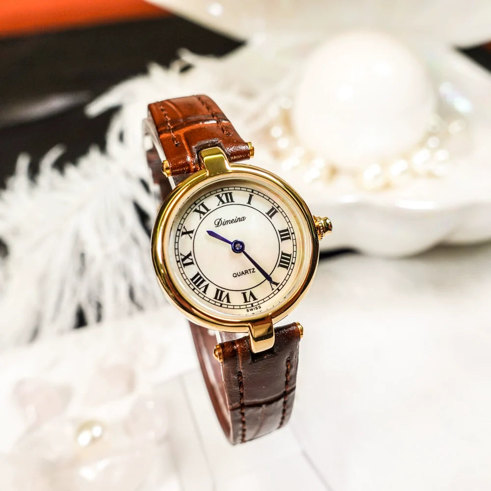 Gionna Vintage Square Watch - Gold Brown Strap Mother-of-Pearl Dial