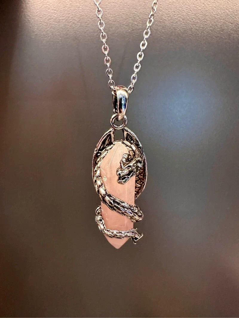 Calliope Vintage Dragon Crystal Necklace - Rose Quartz