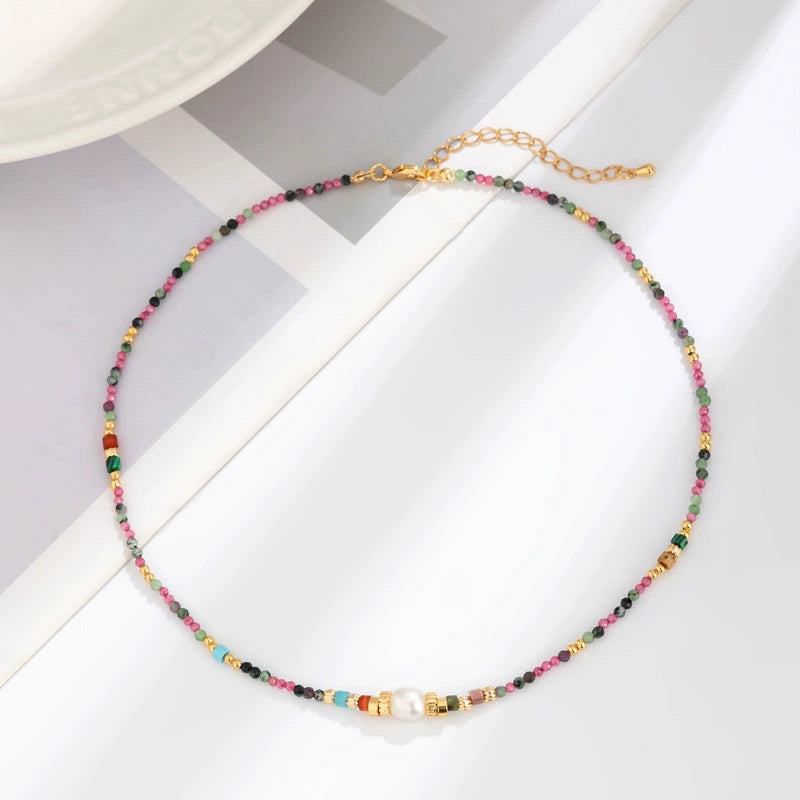 Taylynn Pearl & Stone Layered Necklace - Natural Freshwater Pearl Necklace [55ET7L3Q]