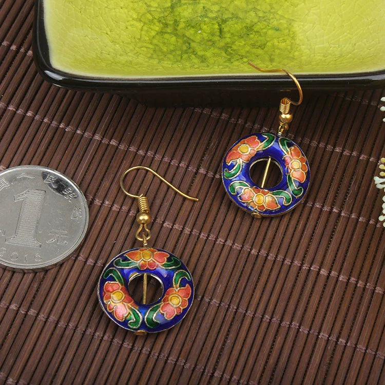 Adia Vintage Enamel Drop Earrings - Blue Round Ring