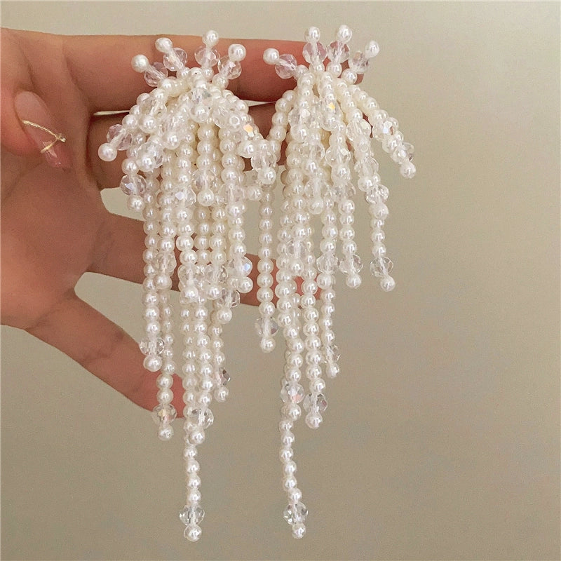 Sloan Elegant Pearl Blossom Earrings - Flower Pearl Tassel Silver Needle [N09G58MP]