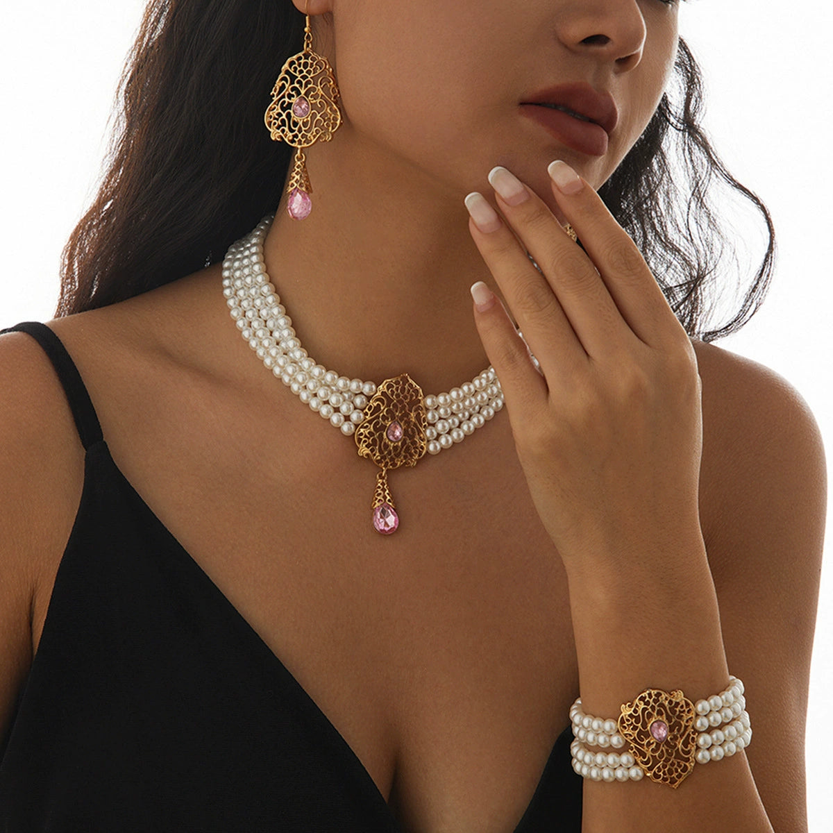 Lou Pearl Floral Collar Necklace - Gold & Pink (Style A) [BYCMA54C]