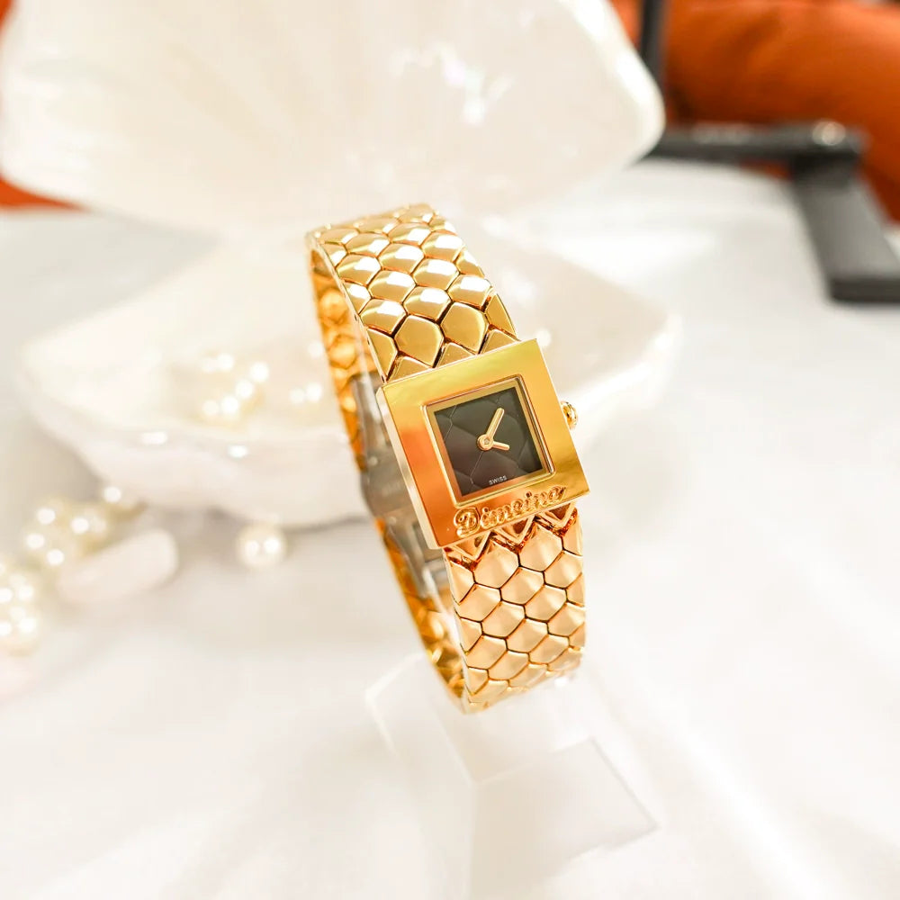 Taylen Quilted Square Watch - Gold with Black Dial