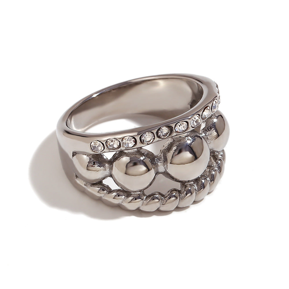 Avri Geometric Ring Collection - Triple Layer Rhinestone Bead Twisted Ring - Silver - Size 6 [DADHXAT3]