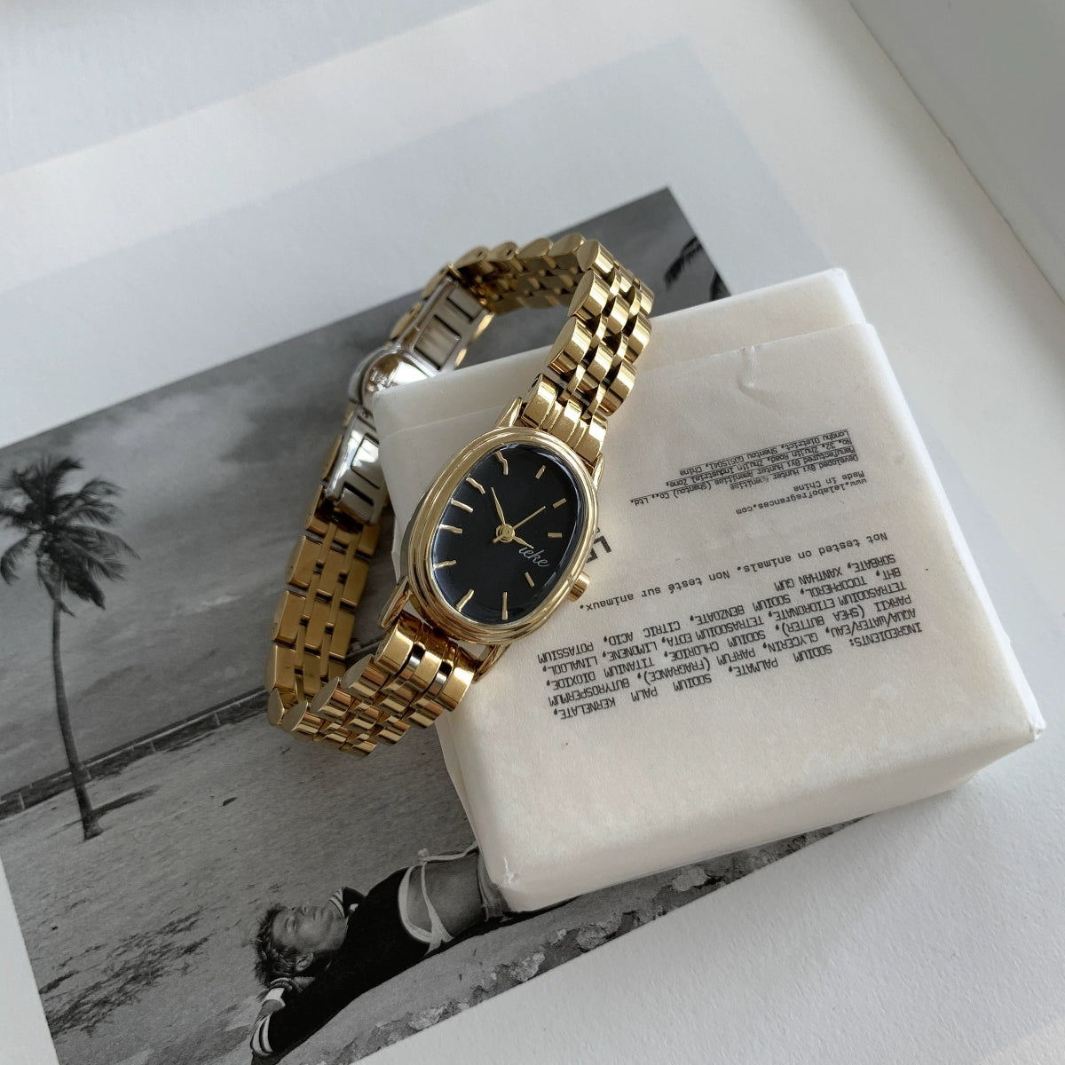 Emari Oval Steel Watch - Gold Band Black Face [6MIC4982]