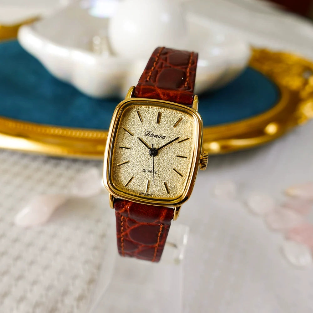 Karsen Vintage Square Watch - Gold Case Brown Leather Strap (Includes Black Leather Strap)