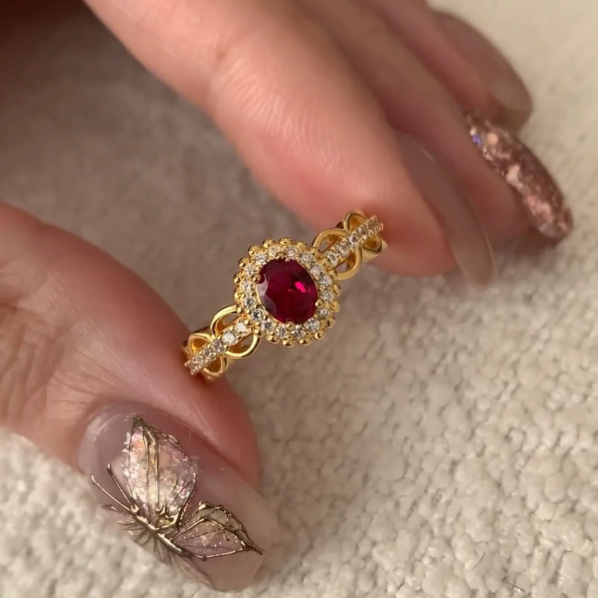 Cristel Ruby Lace Cocktail Ring - Red Stone Lace Ring (Adjustable)