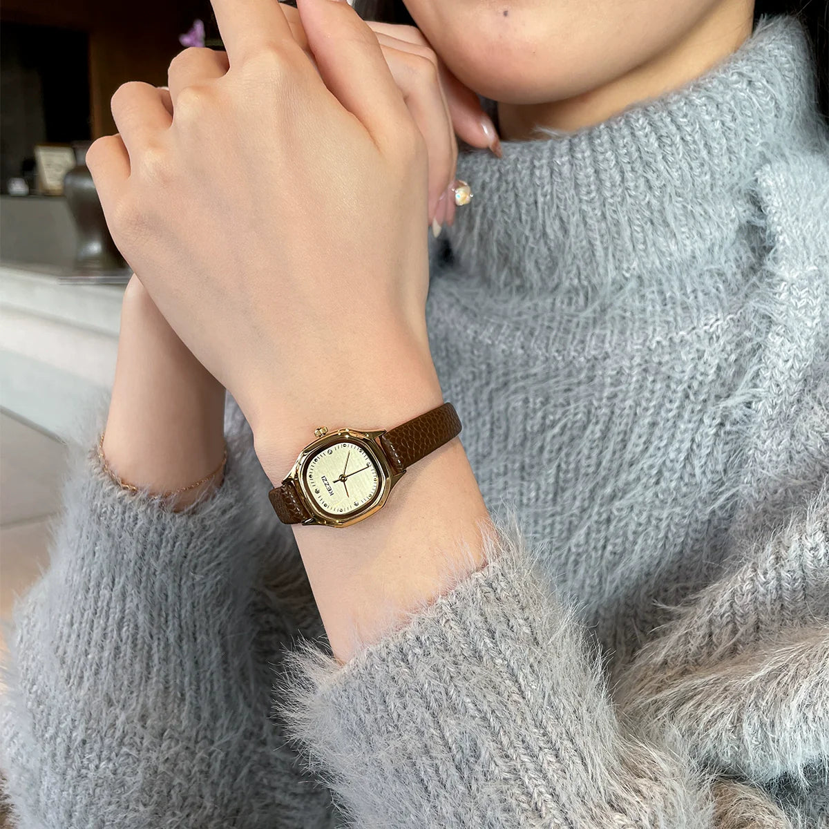 Lelia Elegant Square Watch - Gold Dial Brown Strap