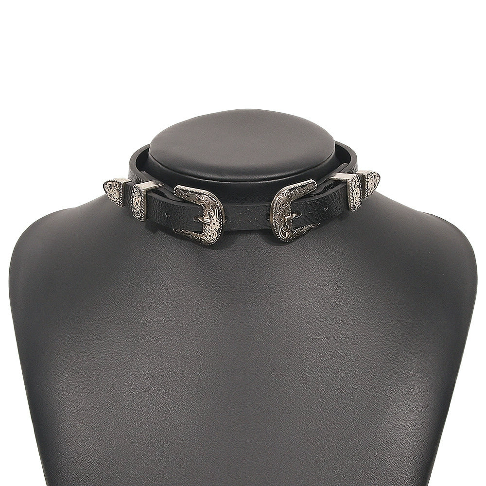 Zuriel Punk Leather Choker - Silver Buckle Leather Necklace