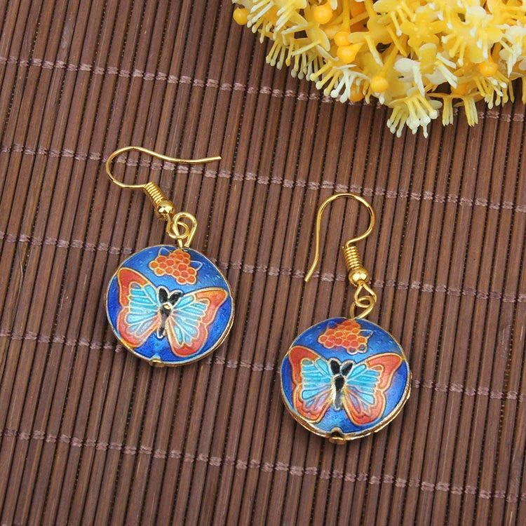 Adia Vintage Enamel Drop Earrings - Round Blue Base Butterfly