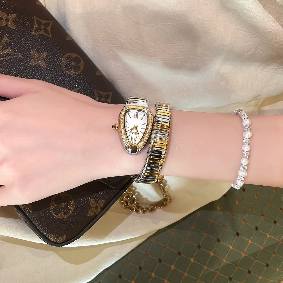 Etta Serpentine Rhinestone Watch - Two-Tone White Dial