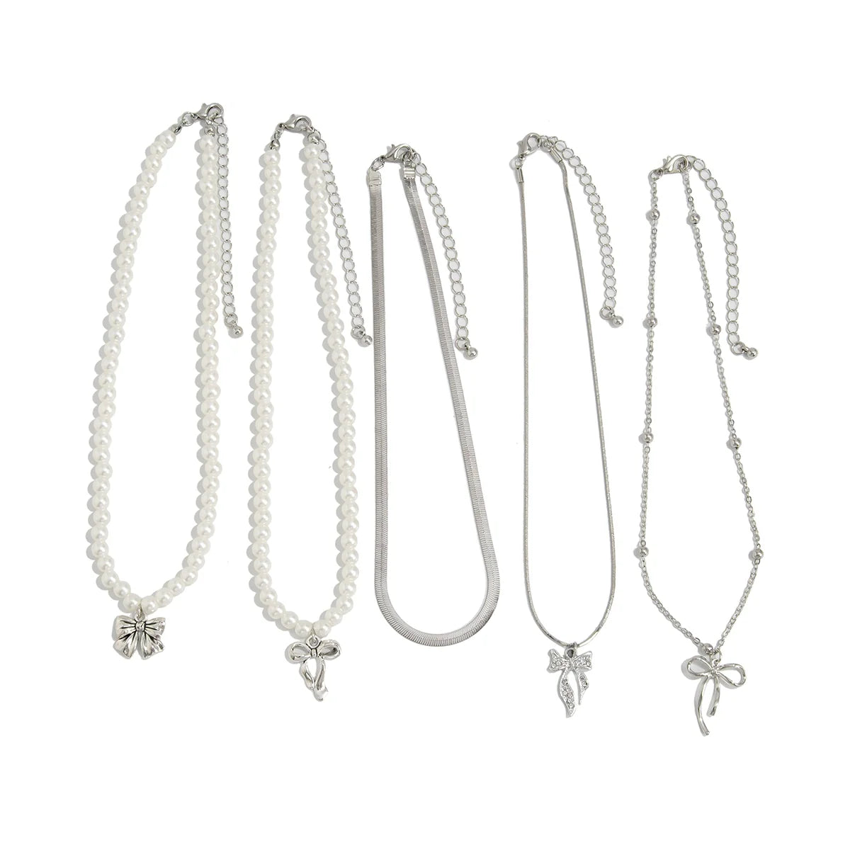 Yaretzi Layered Bow Pearl Necklace Set - Silver