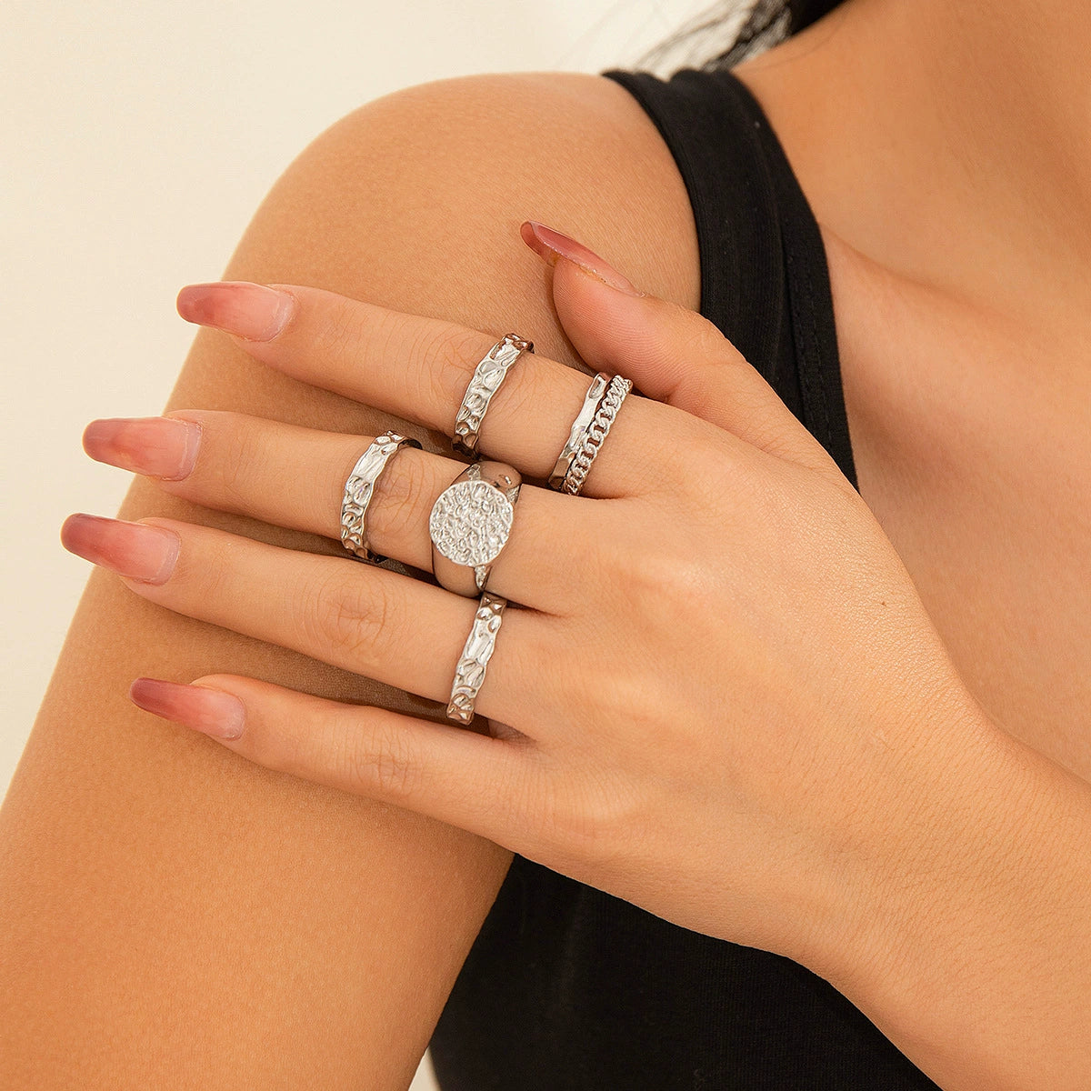 Taishmara Stackable Ring Set - Silver-tone 5-Piece Set (Design 03) [RS0QTDBB]
