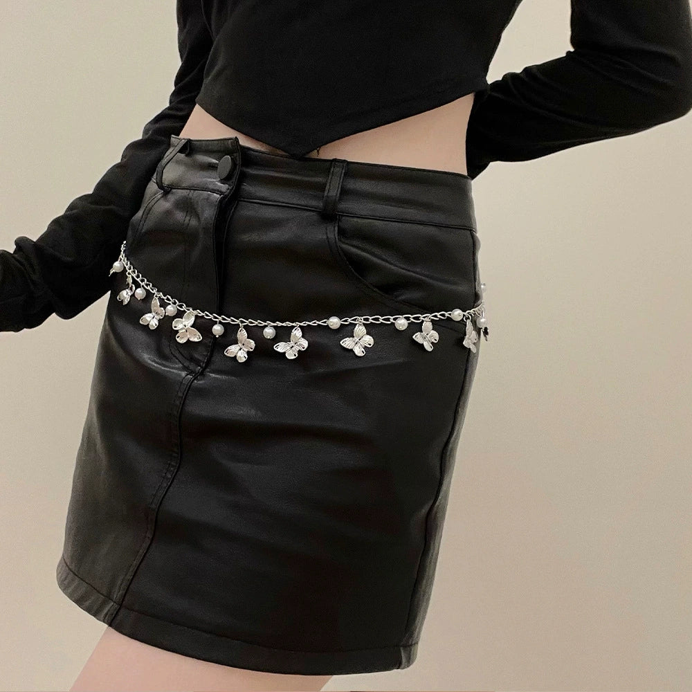 Amina Pearl Butterfly Waist Chain - Silver Butterfly Pearl Waist Chain [PB0PLW02]