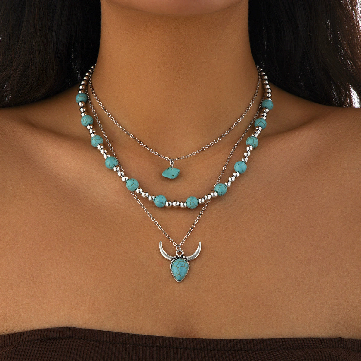 Tamara Layered Turquoise Necklace - Silver Tone Style 02 [6794VL62]