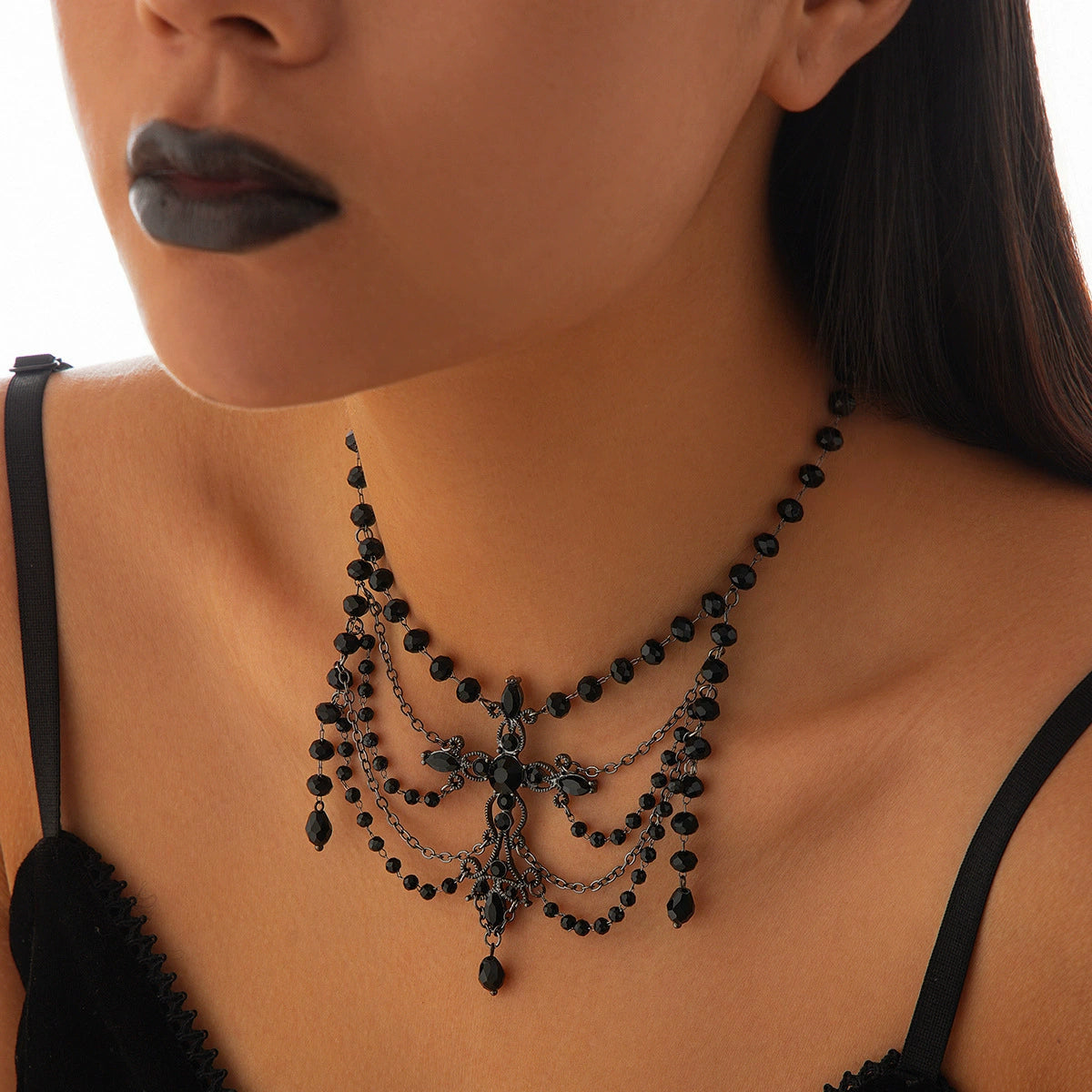 Miroslava Gothic Beaded Cross Necklace - Black (Variant A) [RO67DHA5]