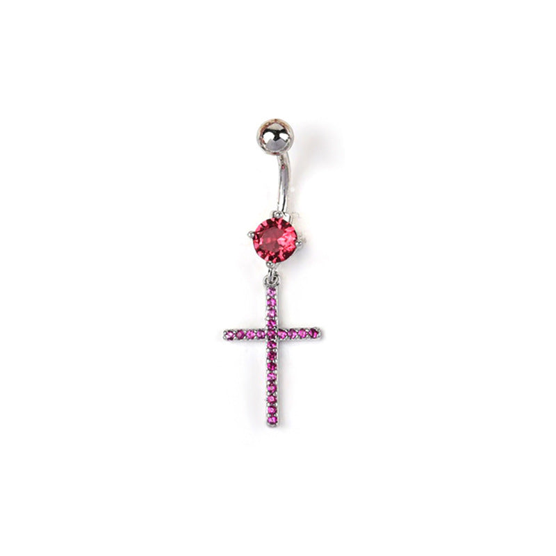 Catherine Zircon Cross Navel Ring - Red (White Gold) [ET0065GO]