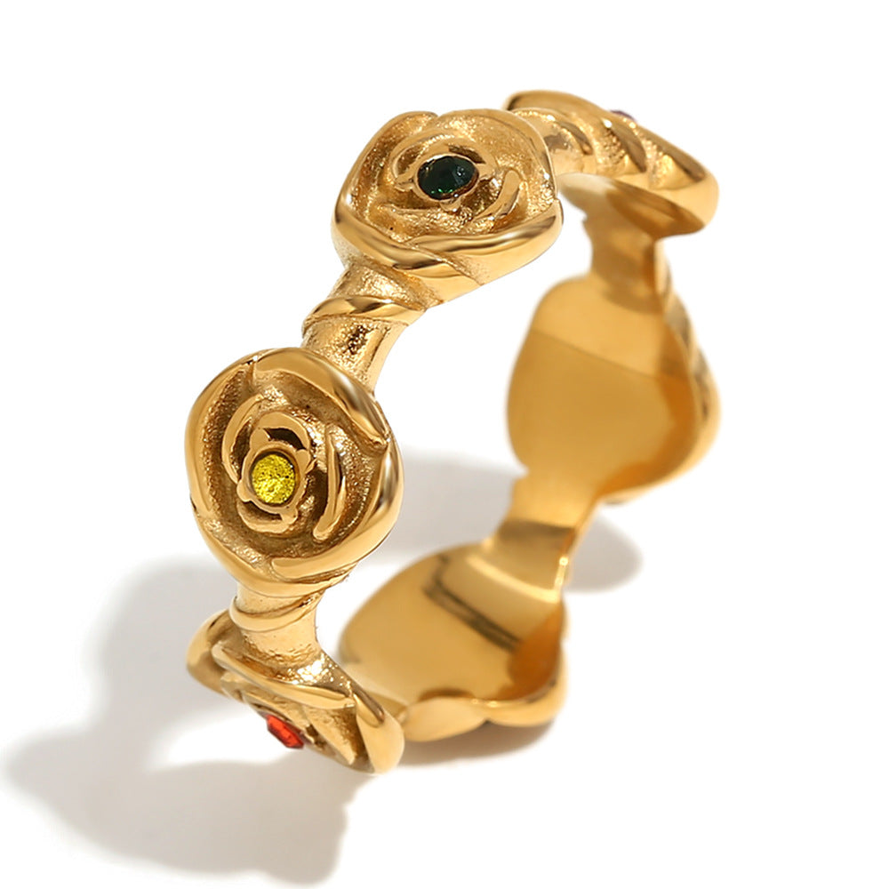 Keri Gilded Rose Cross Set - Colorful Crystal Rose Ring, Gold - Size 6 [ZGULHNSQ]
