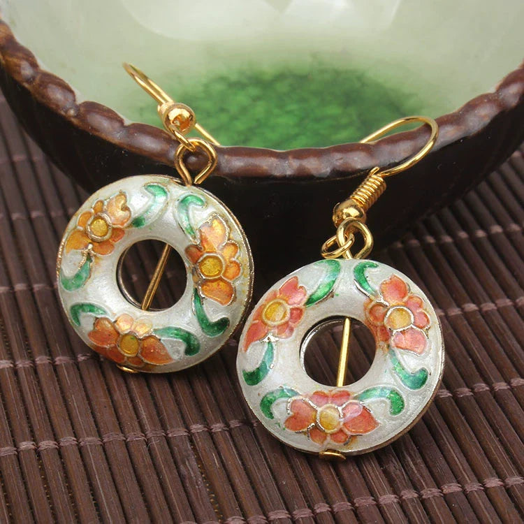 Adia Vintage Enamel Drop Earrings - White Ring Bead