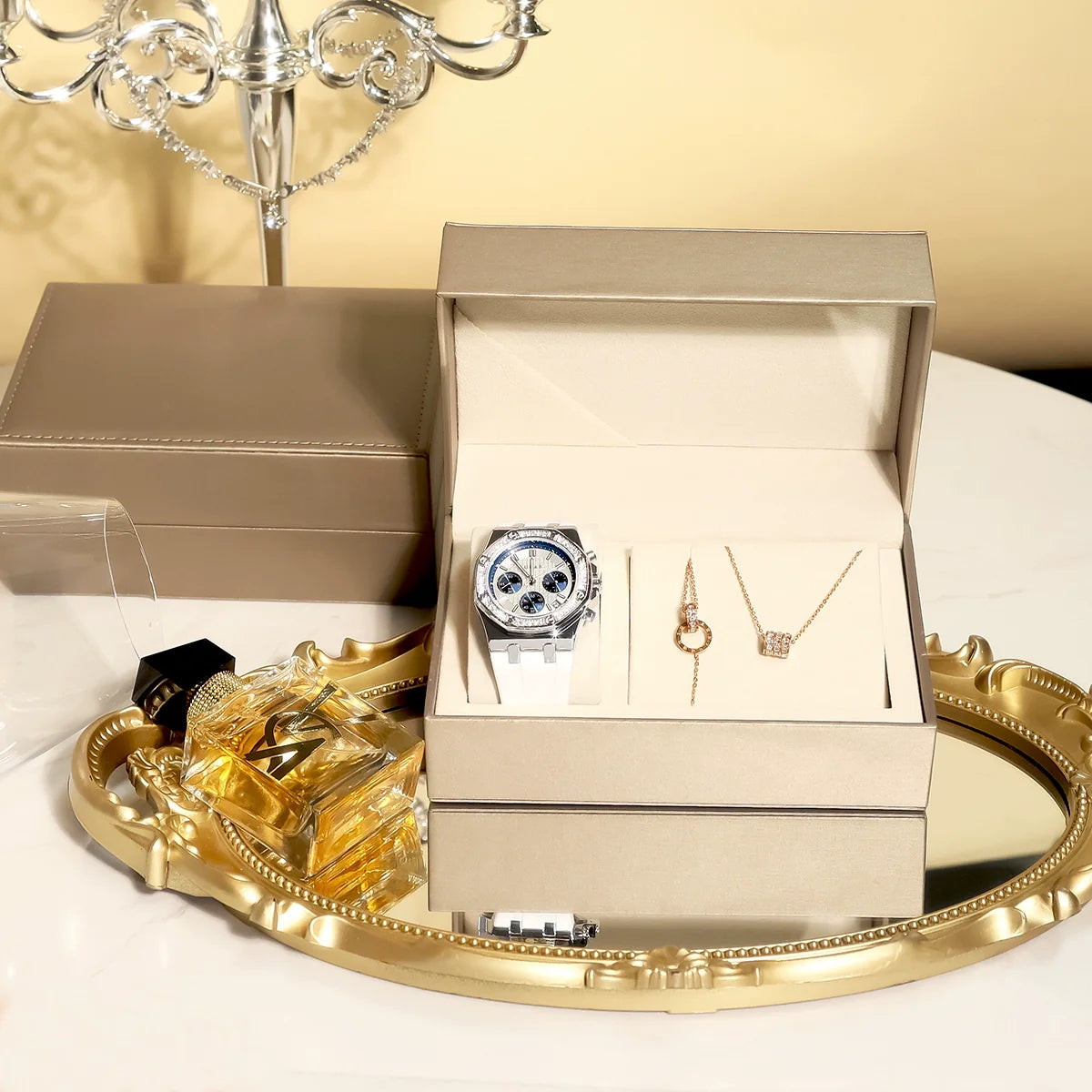 Becky Crystal Bezel Wristwatch - Titanium Steel Bracelet + Necklace Set