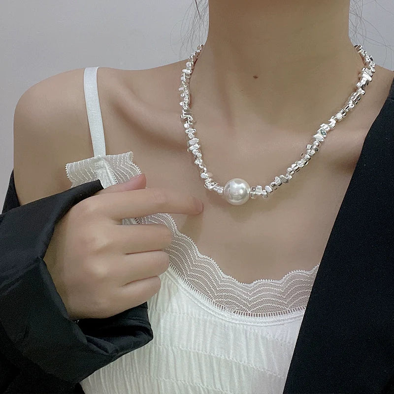 Naima Shattered Pearl Necklace - Large Pearl Shattered Silver Necklace