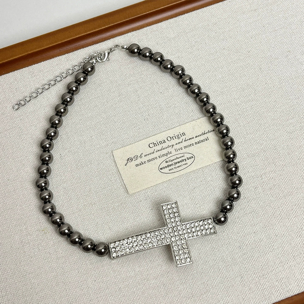 Phoenyx Pearl Cross Choker - Grey Beaded Cross Necklace [7EK9PEZ3]
