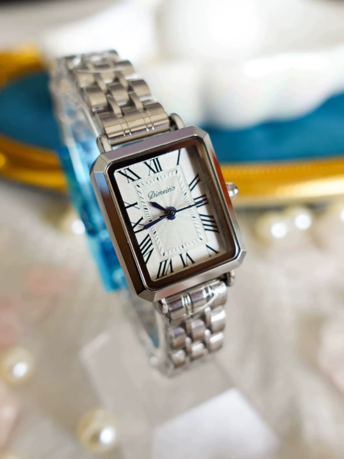 Zoha Roman Numeral Square Watch - Silver Steel Strap
