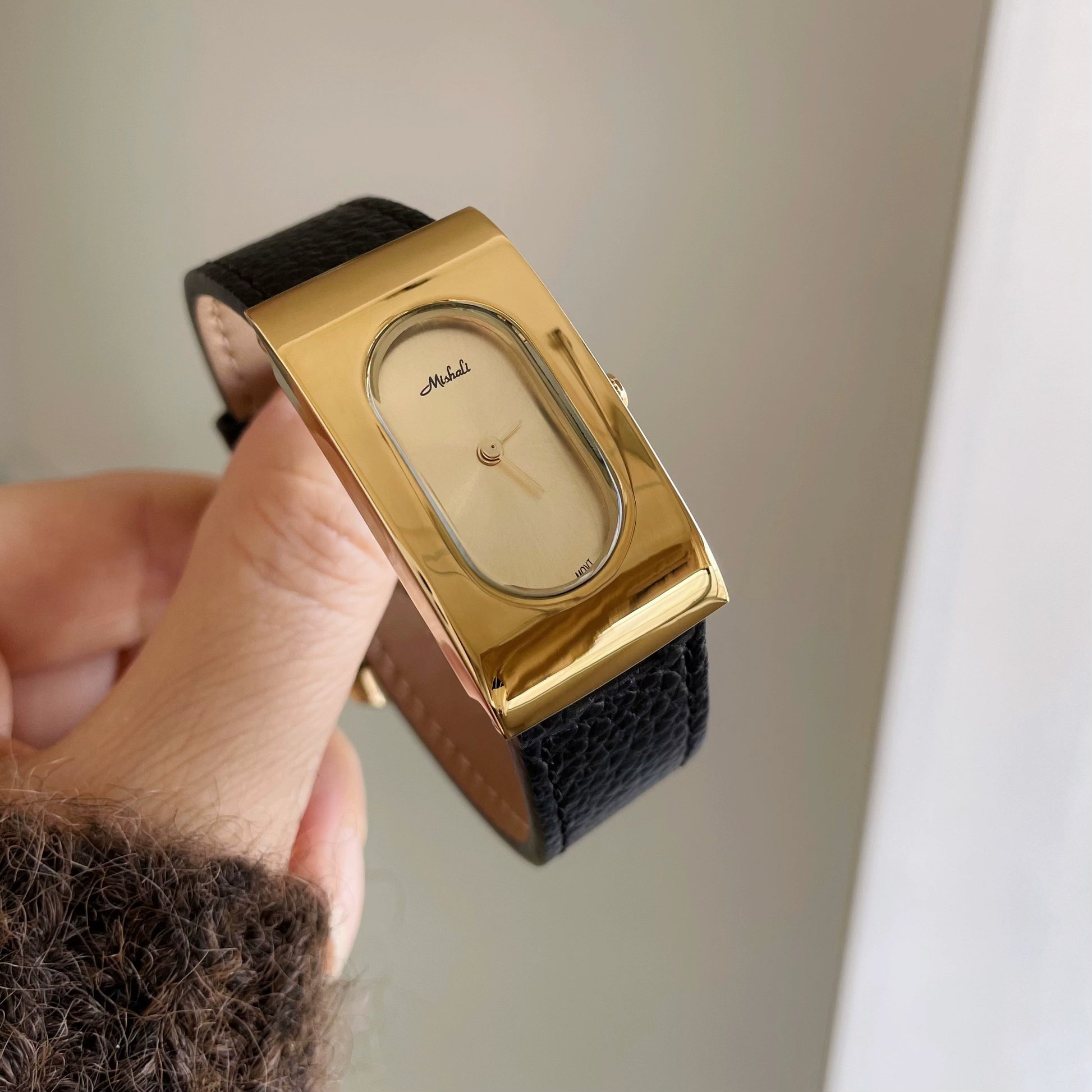 Calianna Heritage Rectangular Watch - Black Strap Gold Case