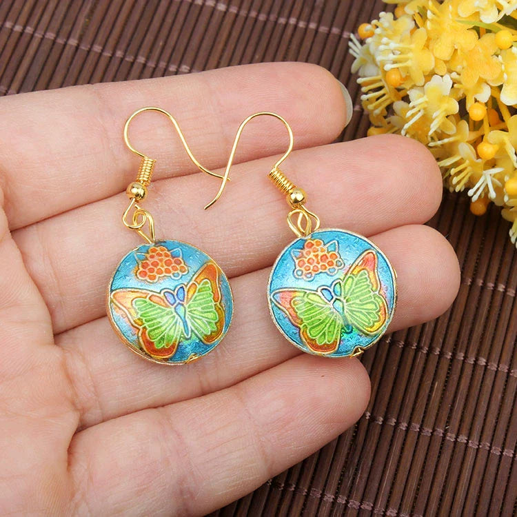 Adia Vintage Enamel Drop Earrings - Lake Blue Base Green Butterfly