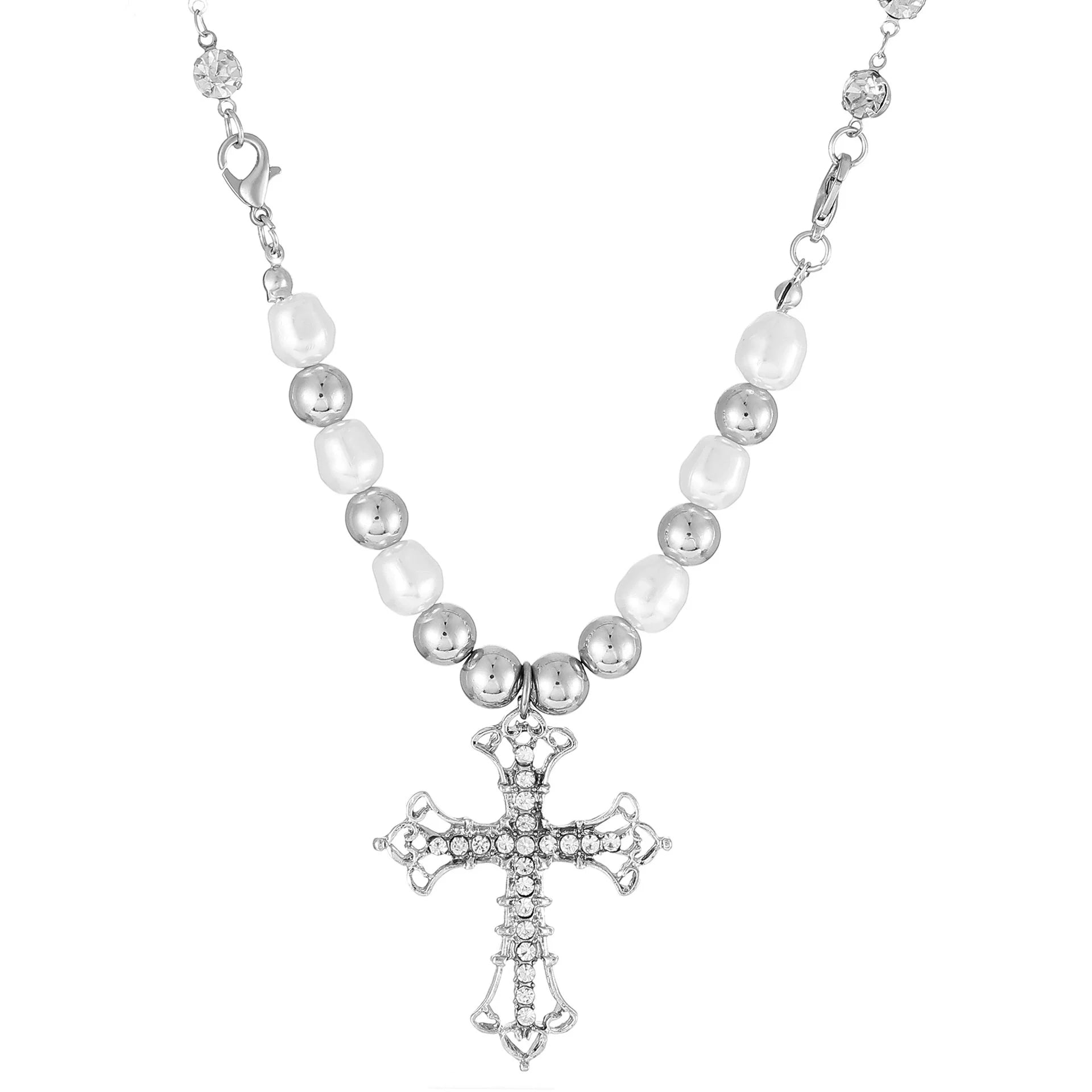 Bridget Pearl Cross Necklace - White Plated B