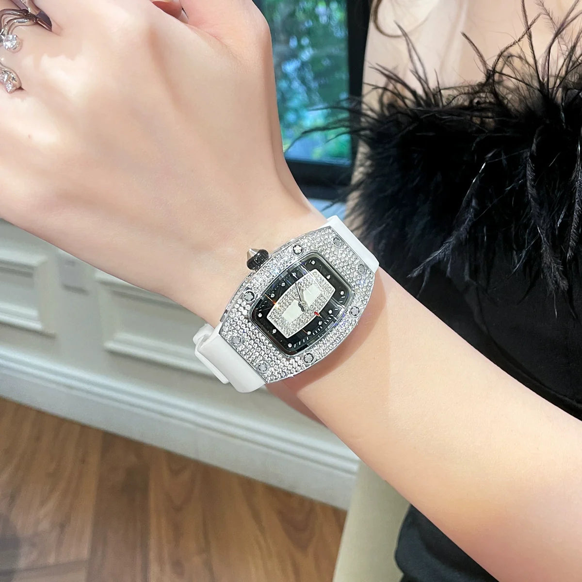Emryn Crystal Barrel Watch - White Silver