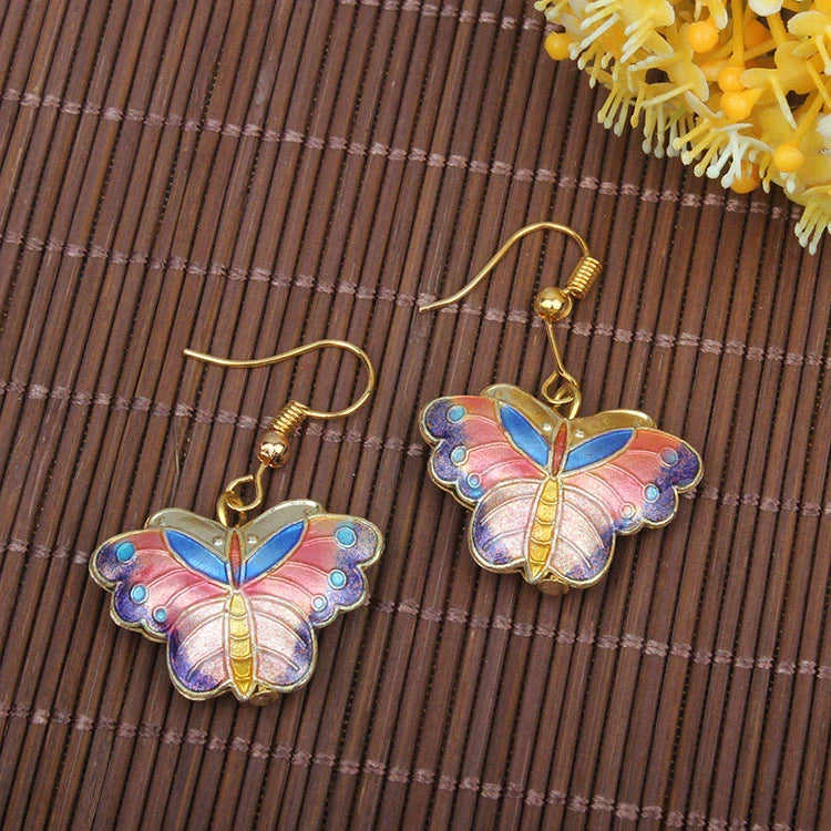 Adia Vintage Enamel Drop Earrings - Purple Edge Pink Butterfly