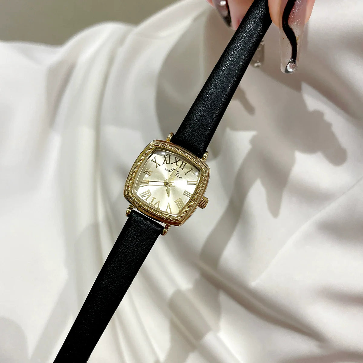 Silver Square Leather Watch - Black