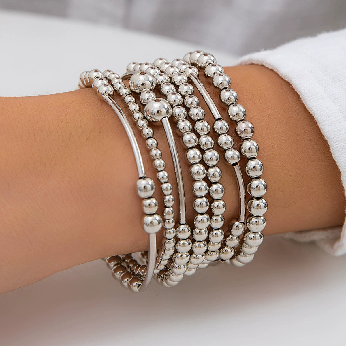 Cattleya Layered Charm Bracelet Set - Silver-tone 7-piece Set (Style 04) [AALX26XA]