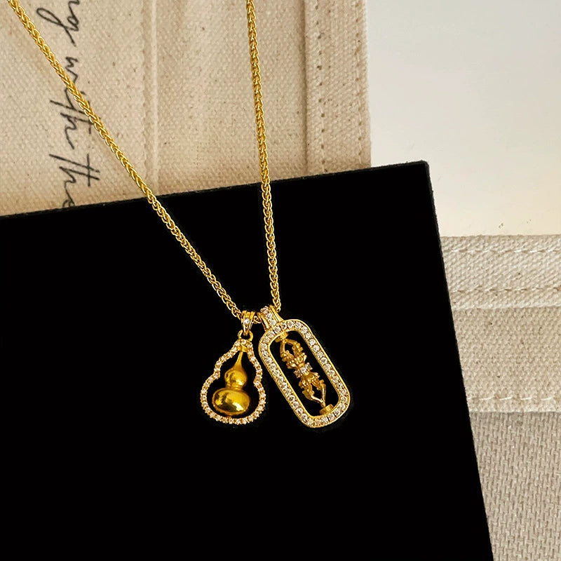 Chloey Fortune Charm Necklace - Gourd & Vajra Pendant Necklace (Gold Plated) [CJLYDLVX]