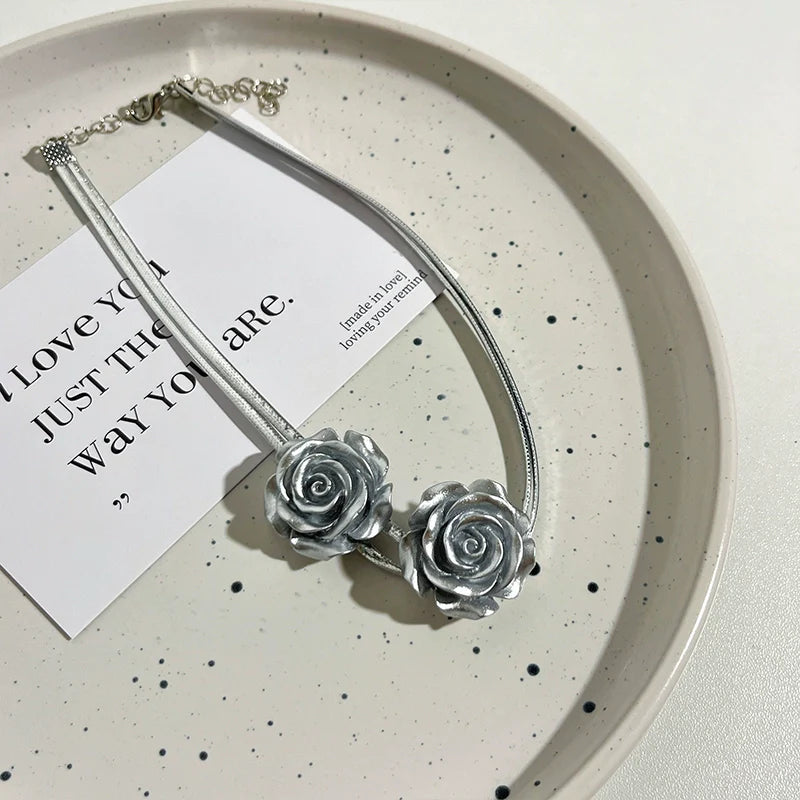 Amia Double Layer Rose Choker - Silver Flower Double Layer Necklace